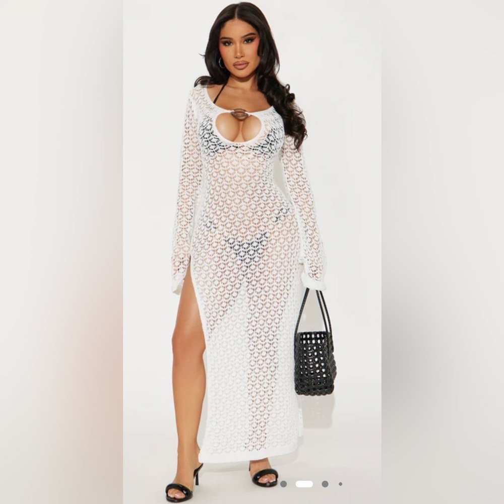 White Crochet Long-Sleeve Beach Cover-Up Dress